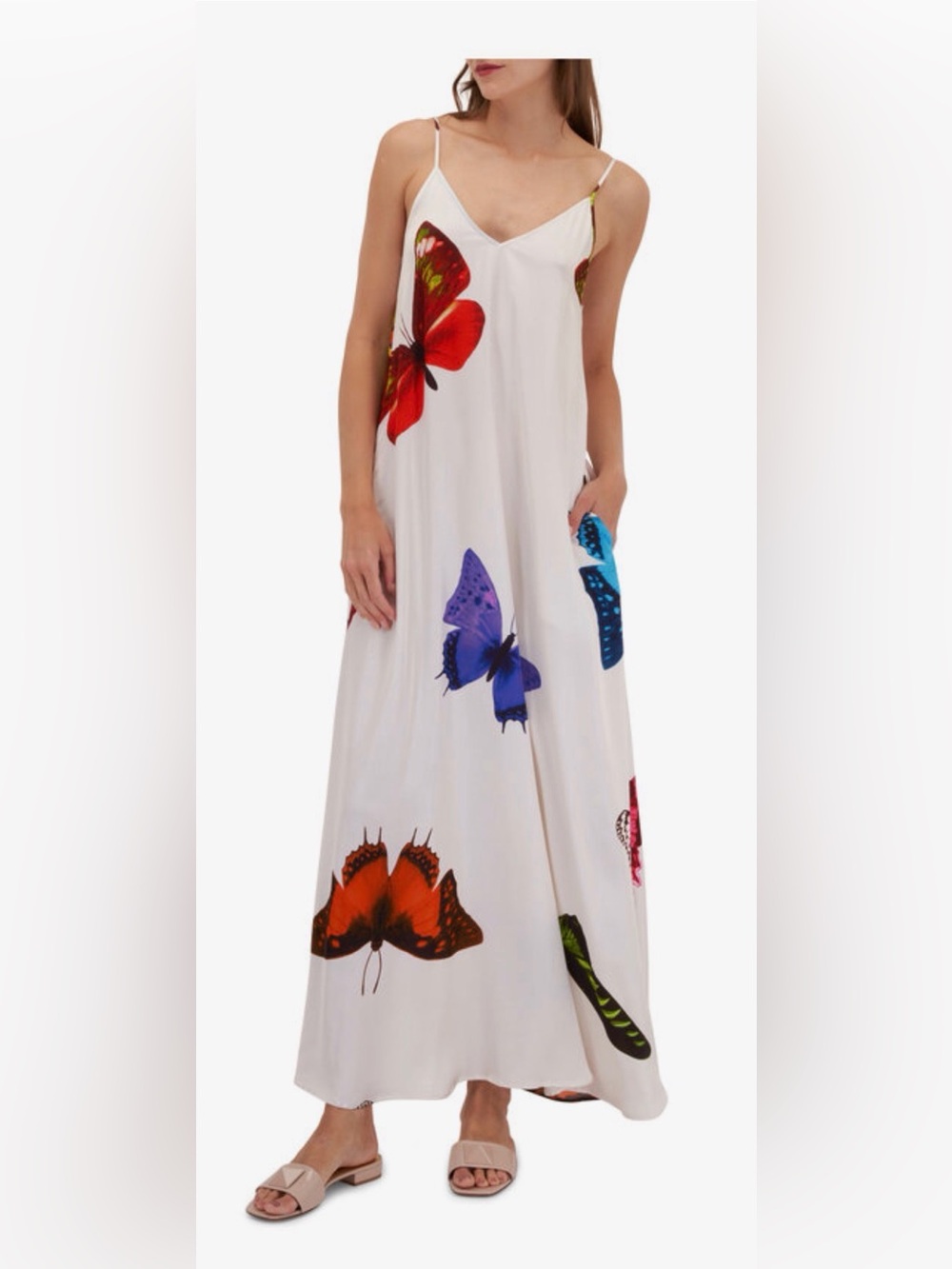 L'AGENCE Hartley Trapeze Cream Slip Maxi Dress with Multicolored Butterfly Print